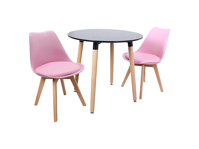 LORENZO HALO - Ensemble Salle à Manger - Table Ronde Noire + 2 Chaises Scandinaves Roses
