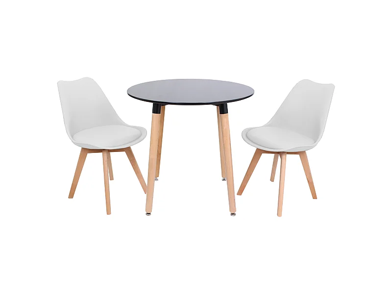 LORENZO HALO - Ensemble Salle à Manger - Table Ronde Noire + 2 Chaises Scandinaves Blanches