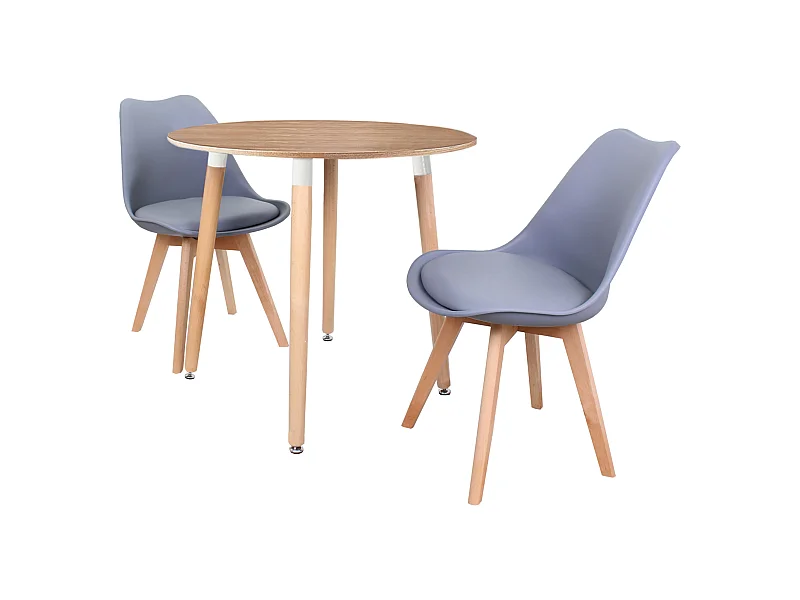 LORENZO HALO - Ensemble Salle à Manger - Table Ronde Effet Chêne + 2 Chaises Scandinaves Grises