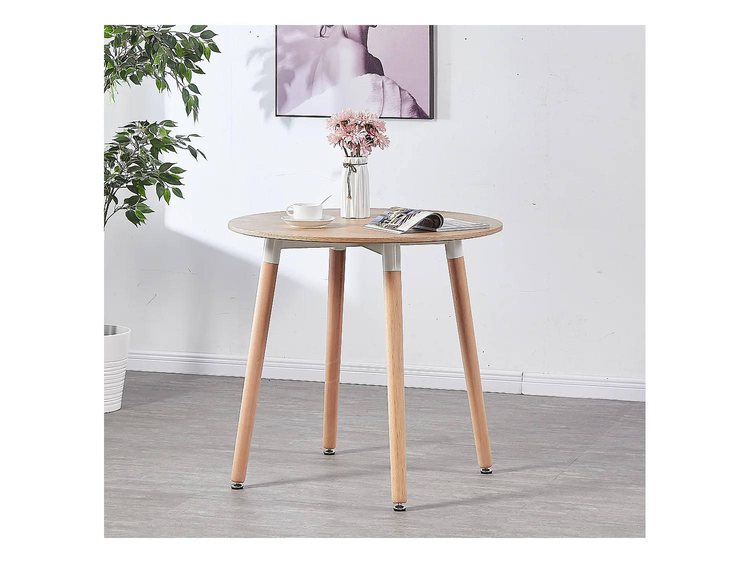 LORENZO HALO - Ensemble Salle à Manger - Table Ronde Effet Chêne + 2 Chaises Scandinaves Grises