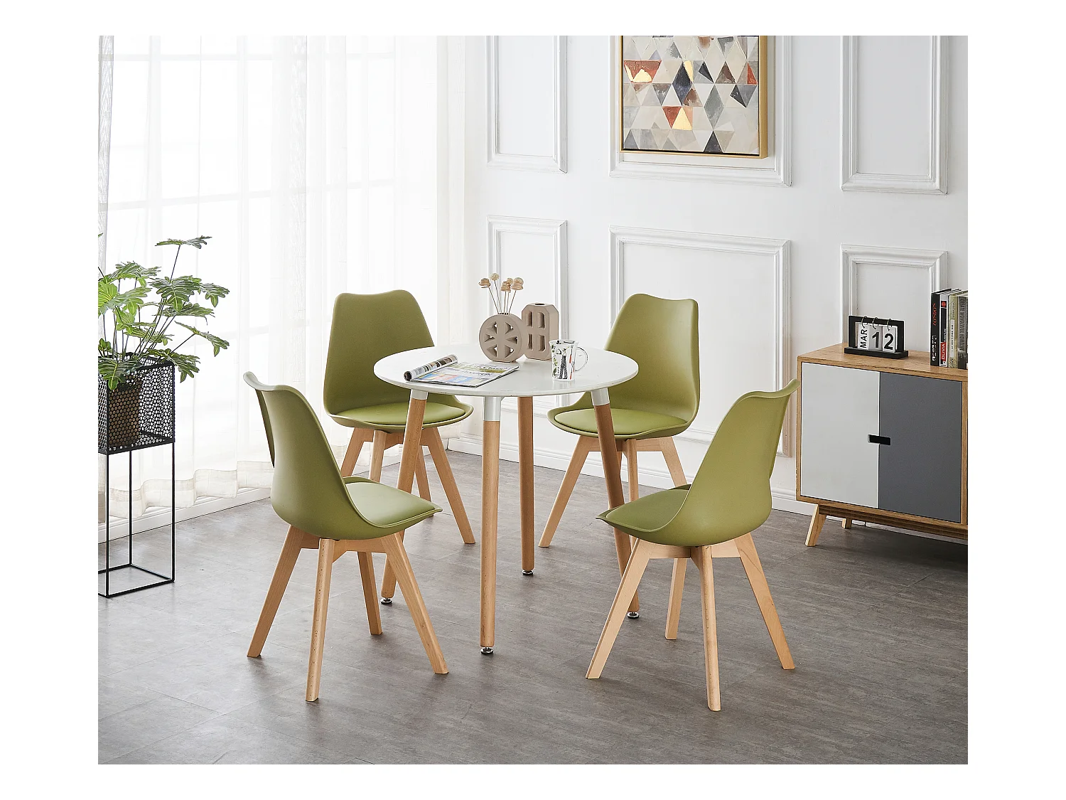 LORENZO HALO - Ensemble Salle à Manger - Table Blanche Ronde + 4 Chaises Scandinaves Vertes