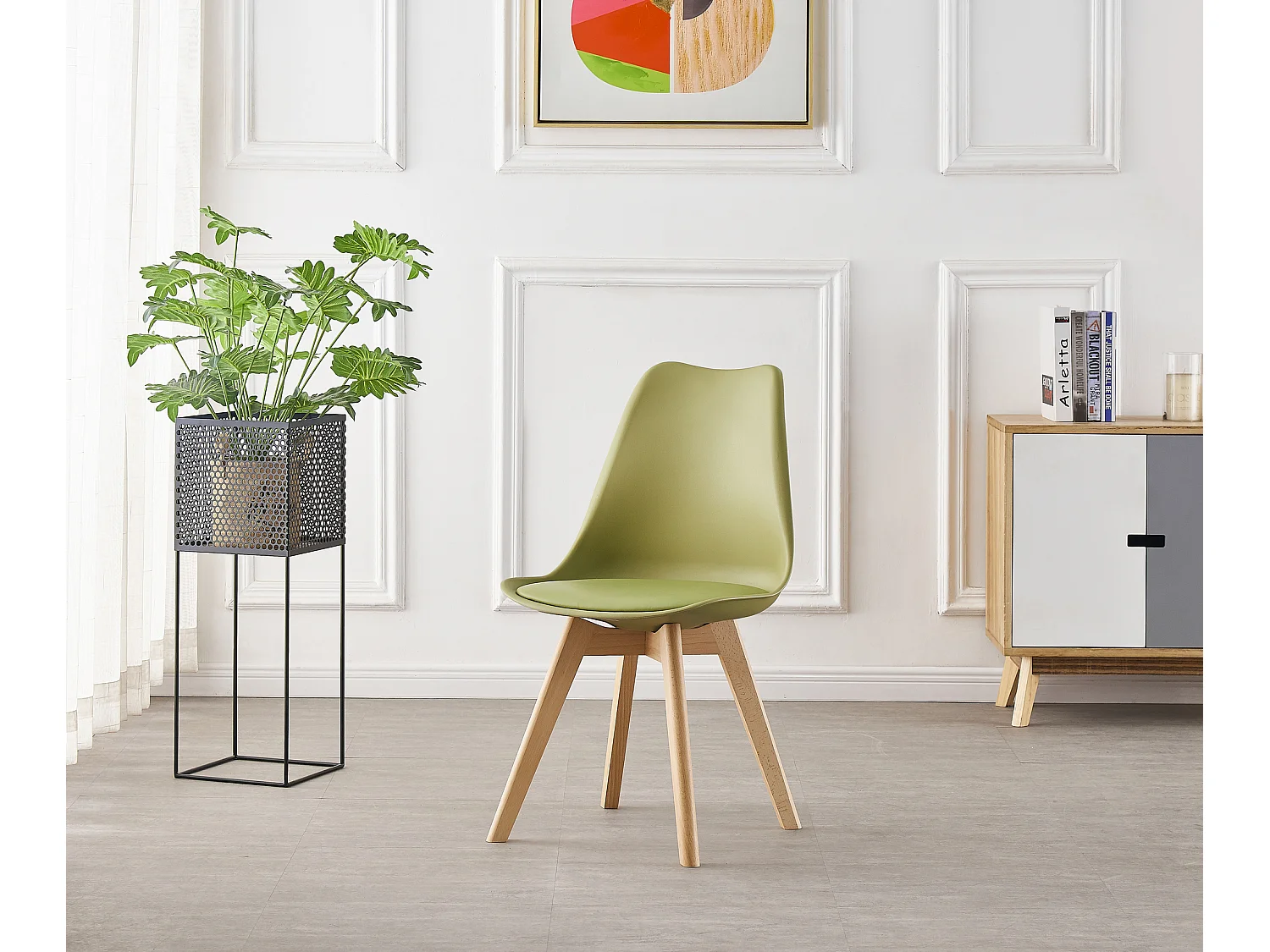 LORENZO HALO - Ensemble Salle à Manger - Table Blanche Ronde + 4 Chaises Scandinaves Vertes