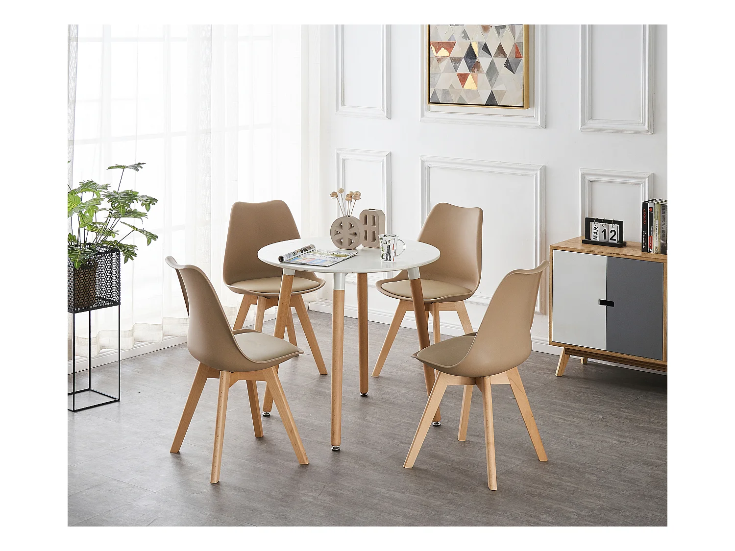 LORENZO HALO - Ensemble Salle à Manger - Table Blanche Ronde + 4 Chaises Scandinaves Beiges