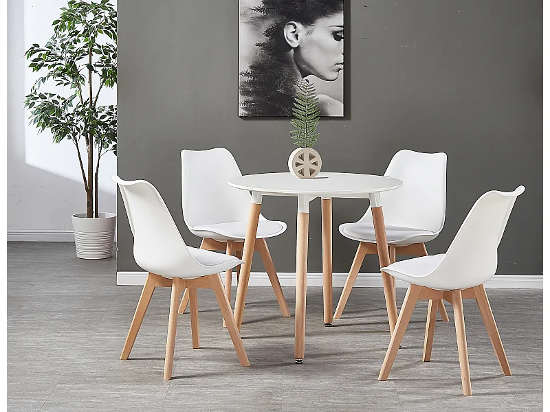 LORENZO HALO - Ensemble Salle à Manger - Table Blanche Ronde + 4 Chaises Scandinaves Blanches