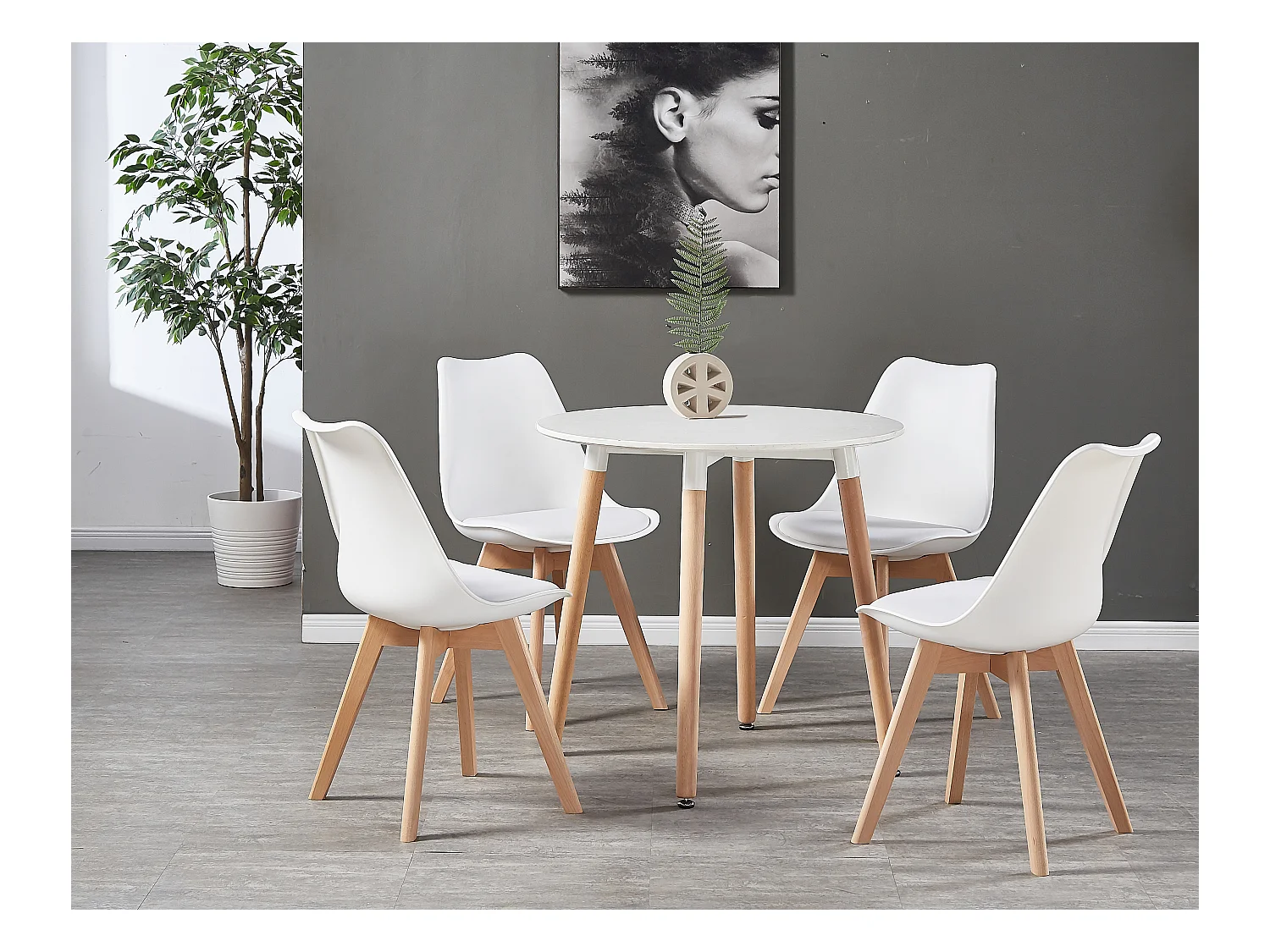 LORENZO HALO - Ensemble Salle à Manger - Table Blanche Ronde + 4 Chaises Scandinaves Blanches