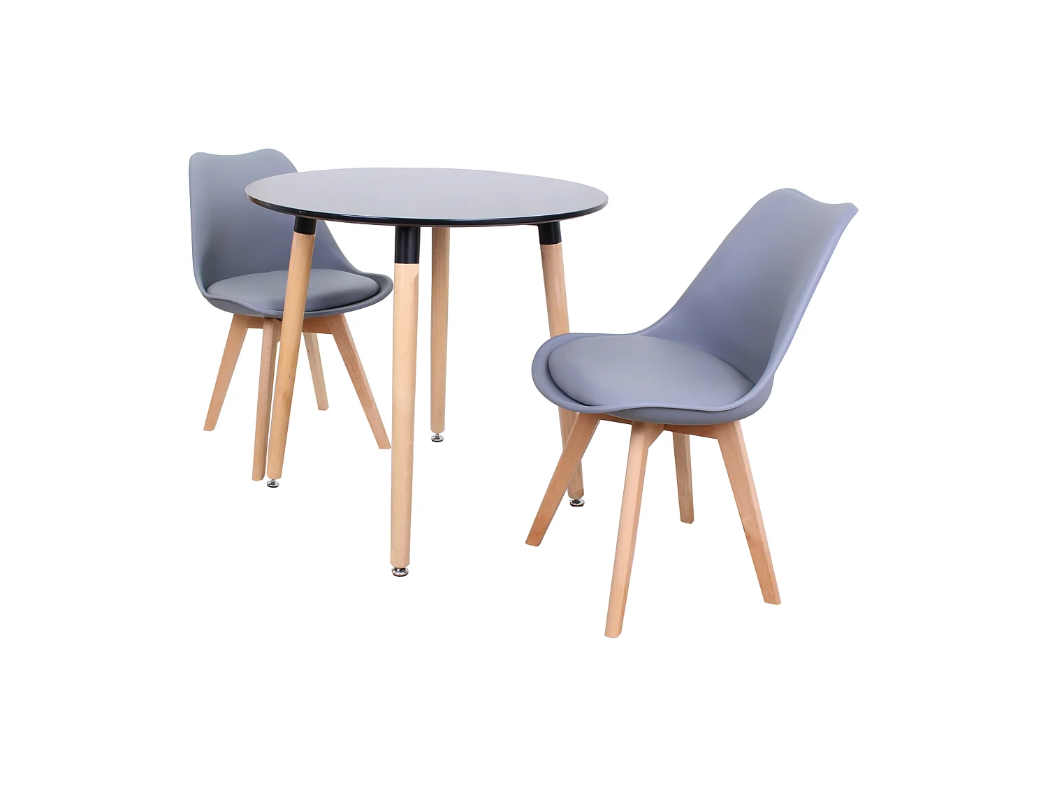 LORENZO HALO - Ensemble Salle à Manger - Table Ronde Noire + 2 Chaises Scandinaves Grises