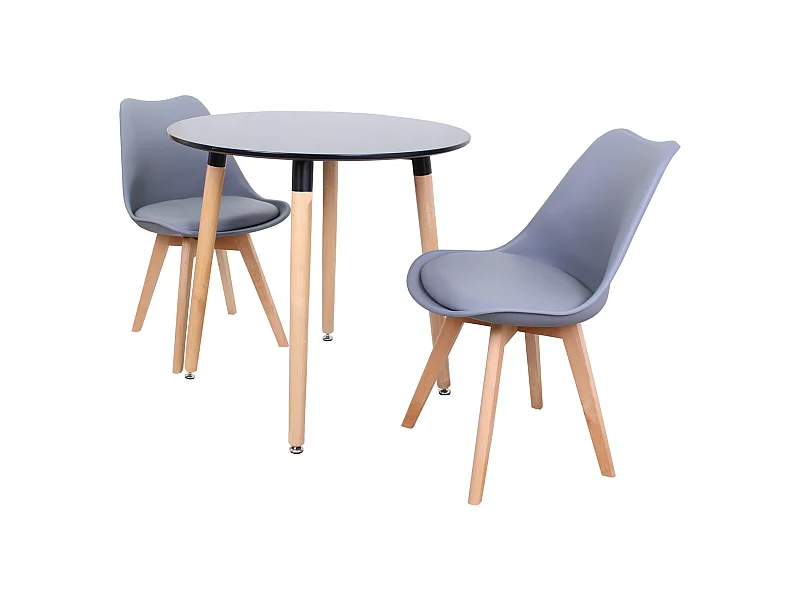 LORENZO HALO - Ensemble Salle à Manger - Table Ronde Noire + 2 Chaises Scandinaves Grises