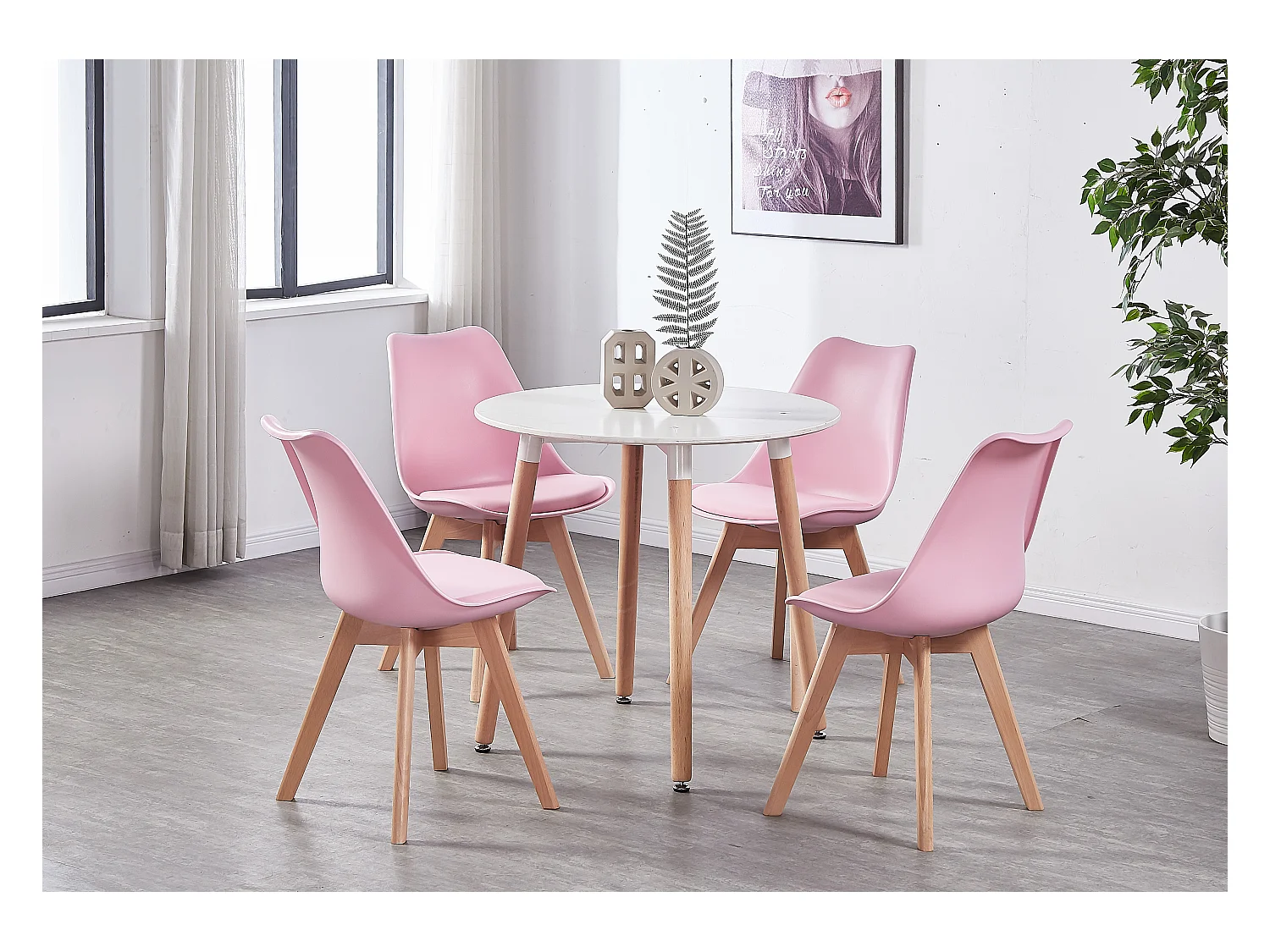 LORENZO HALO - Ensemble Salle à Manger - Table Blanche Ronde + 4 Chaises Scandinaves Roses