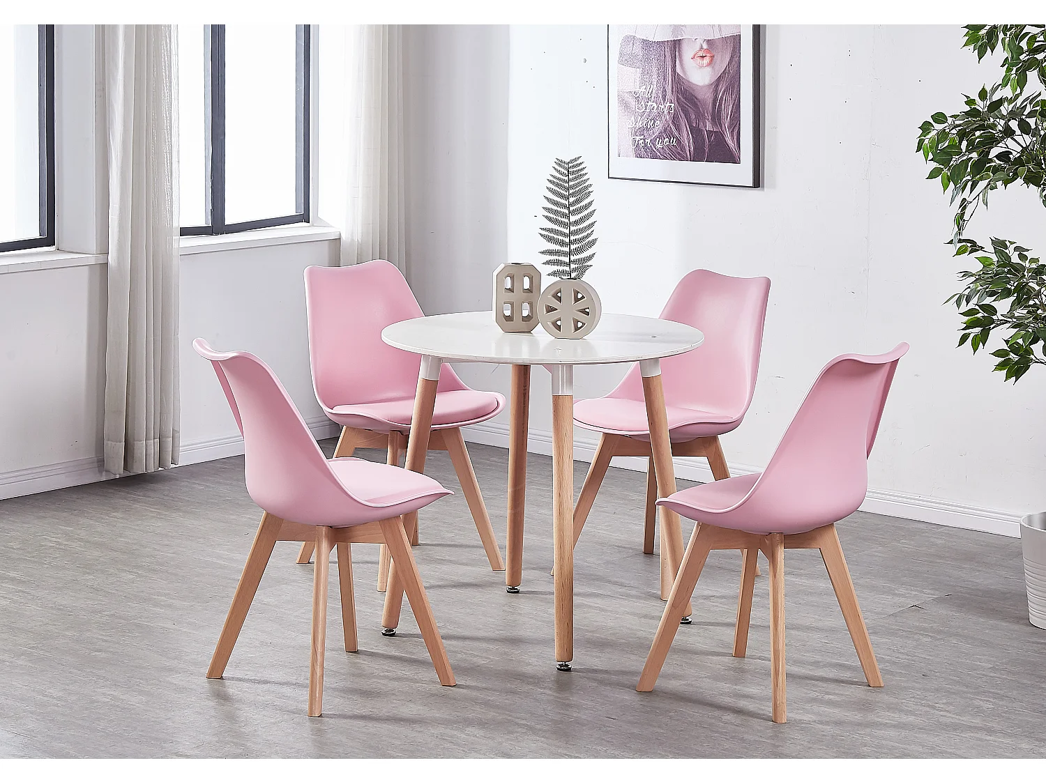 LORENZO HALO - Ensemble Salle à Manger - Table Blanche Ronde + 4 Chaises Scandinaves Roses