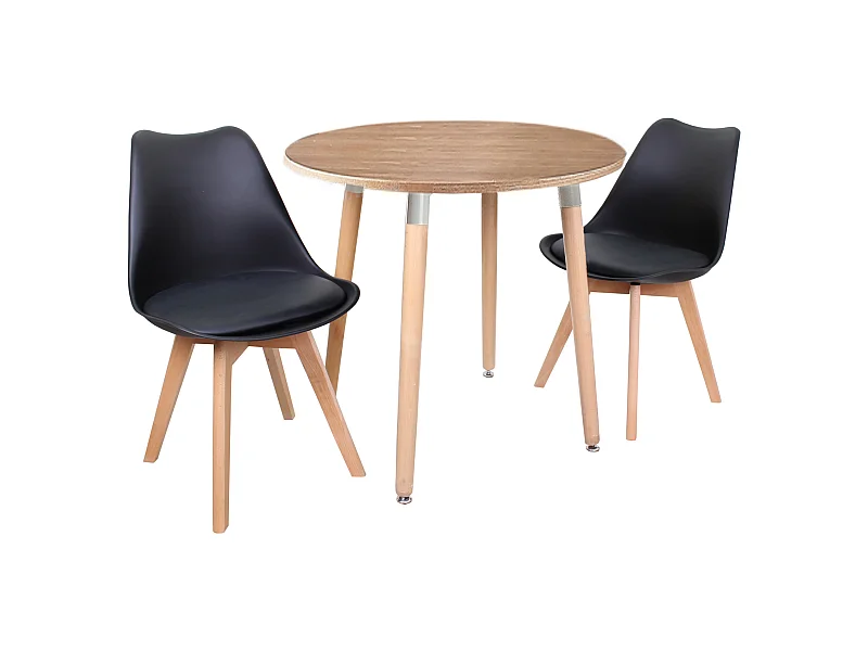LORENZO HALO - Ensemble Salle à Manger - Table Ronde Effet Chêne + 2 Chaises Scandinaves Noires