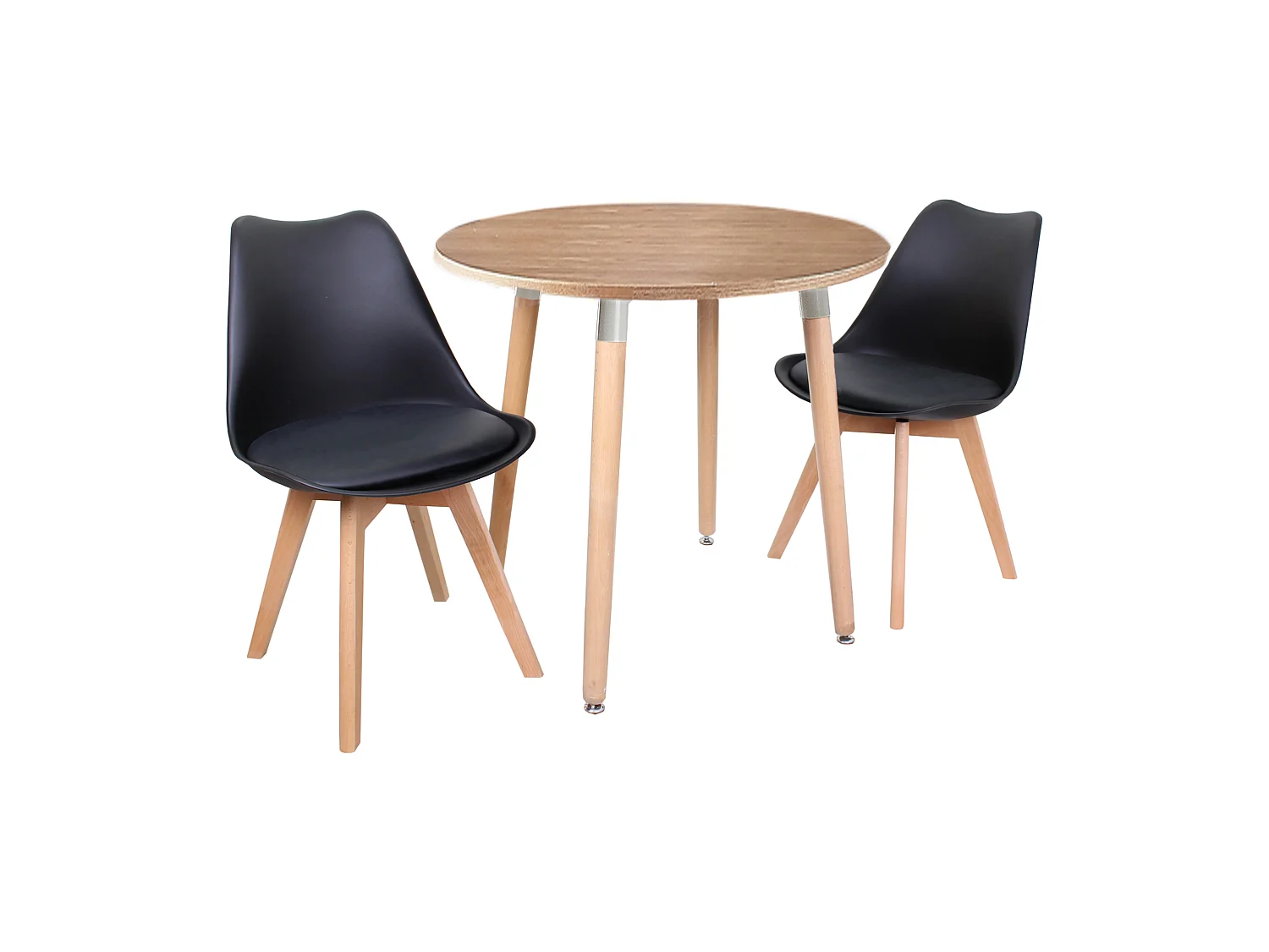 LORENZO HALO - Ensemble Salle à Manger - Table Ronde Effet Chêne + 2 Chaises Scandinaves Noires