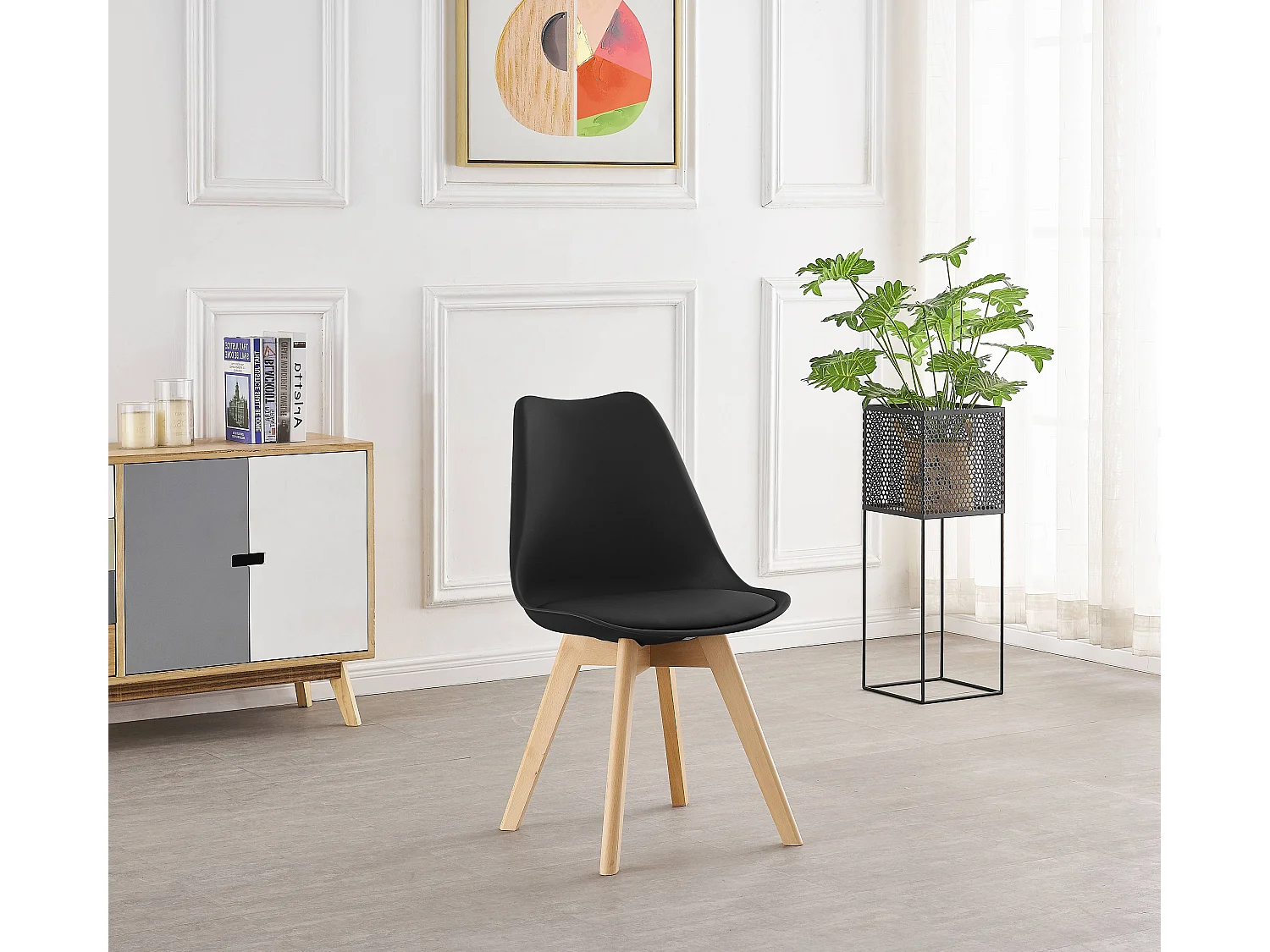 LORENZO HALO - Ensemble Salle à Manger - Table Ronde Effet Chêne + 2 Chaises Scandinaves Noires