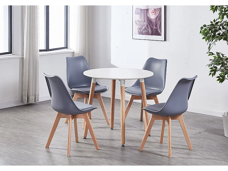 LORENZO HALO - Ensemble Salle à Manger - Table Blanche Ronde + 4 Chaises Scandinaves Grises