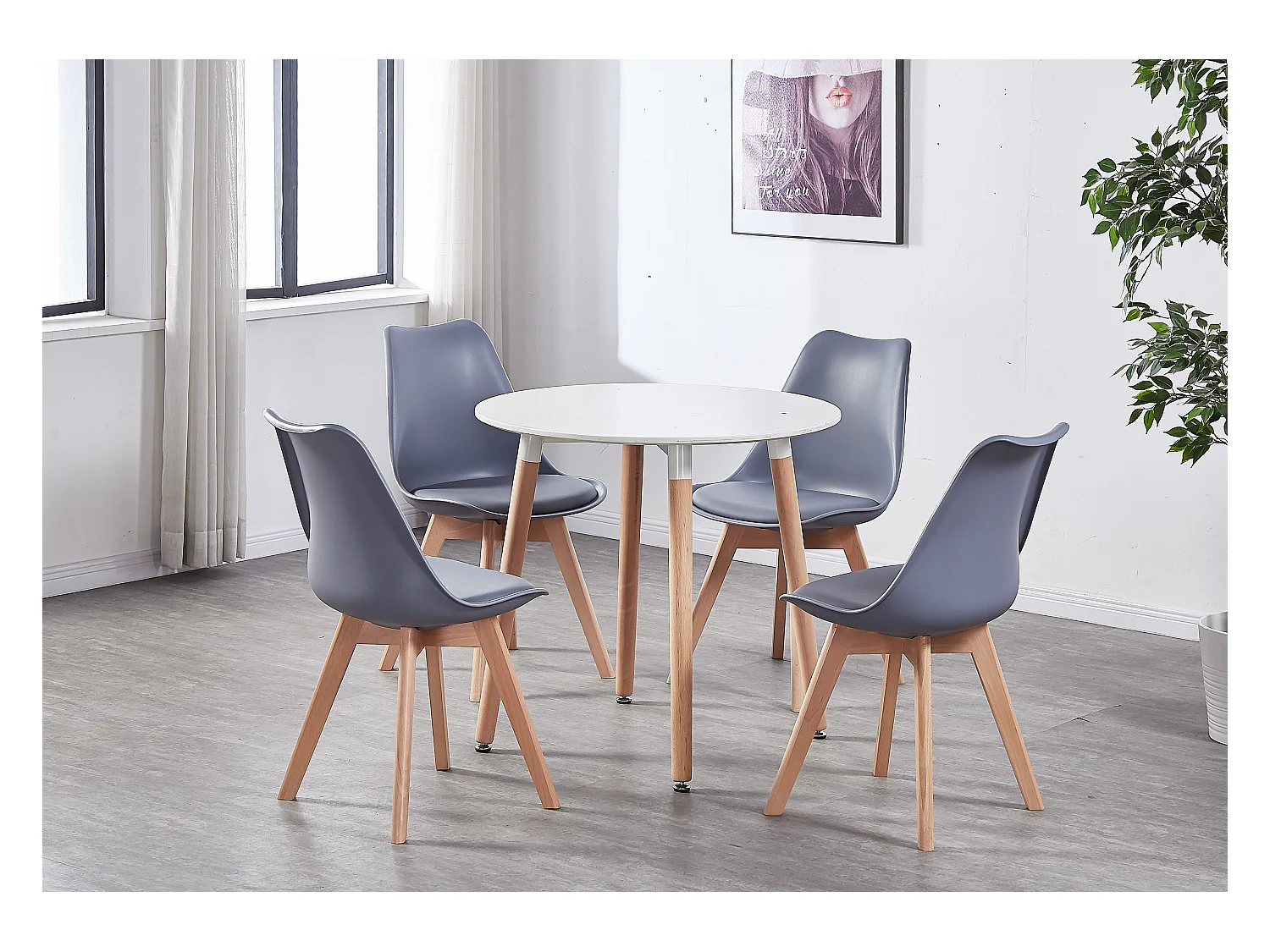 LORENZO HALO - Ensemble Salle à Manger - Table Blanche Ronde + 4 Chaises Scandinaves Grises