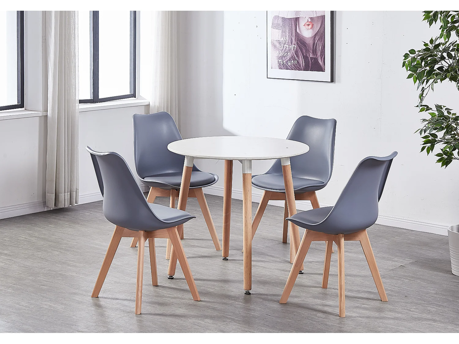 LORENZO HALO - Ensemble Salle à Manger - Table Blanche Ronde + 4 Chaises Scandinaves Grises