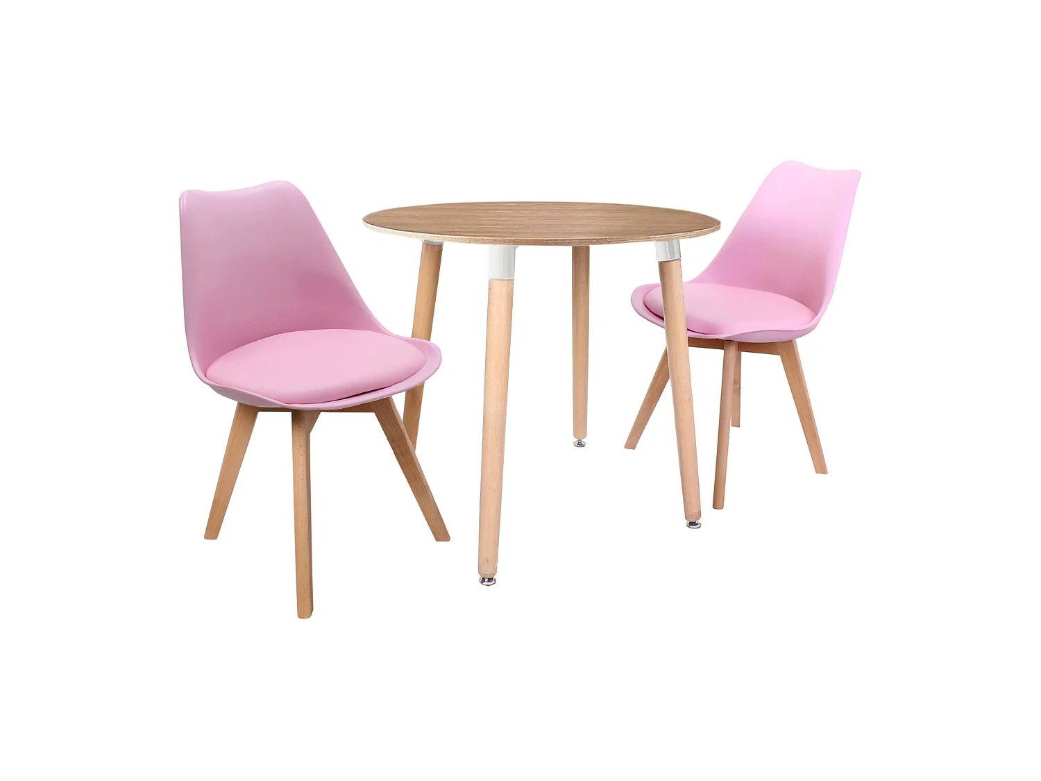 LORENZO HALO - Ensemble Salle à Manger - Table Ronde Effet Chêne + 2 Chaises Scandinaves Roses