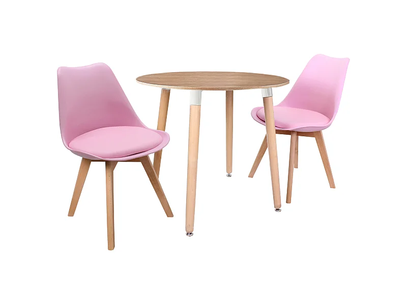LORENZO HALO - Ensemble Salle à Manger - Table Ronde Effet Chêne + 2 Chaises Scandinaves Roses