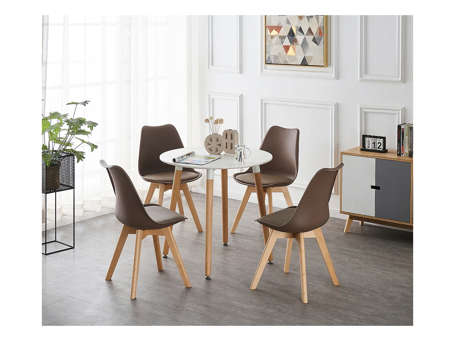 LORENZO HALO - Ensemble Salle à Manger - Table Blanche Ronde + 4 Chaises Scandinaves Marron