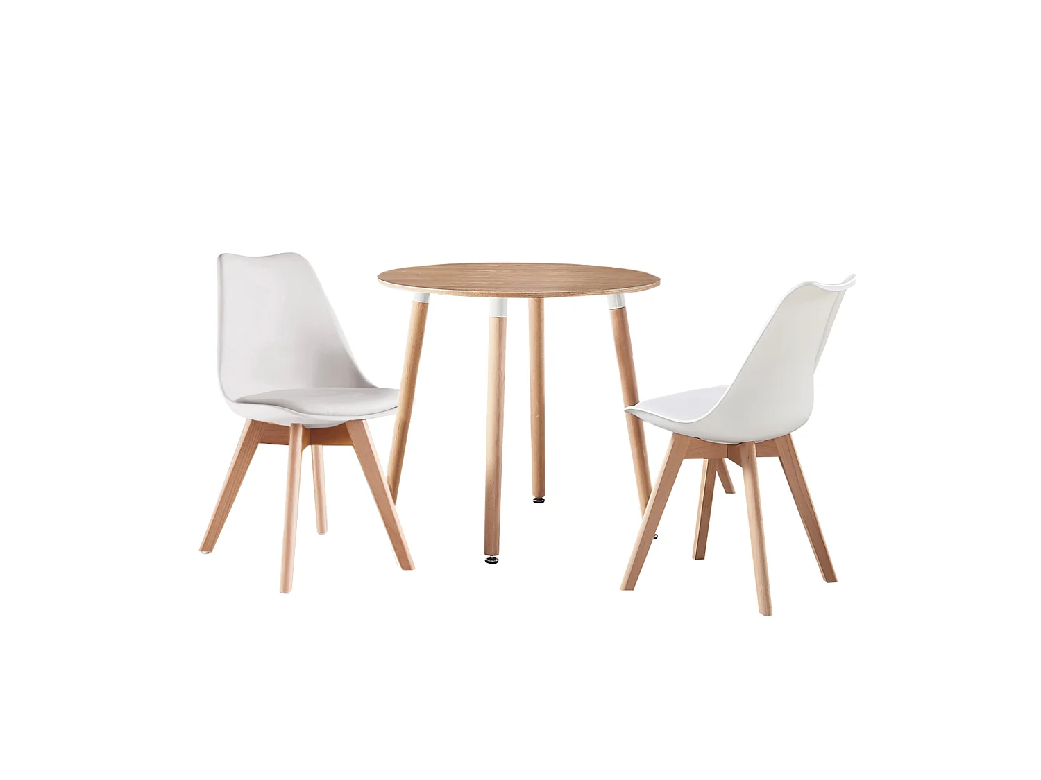 LORENZO HALO - Ensemble Salle à Manger - Table Ronde Effet Chêne + 2 Chaises Scandinaves Blanches