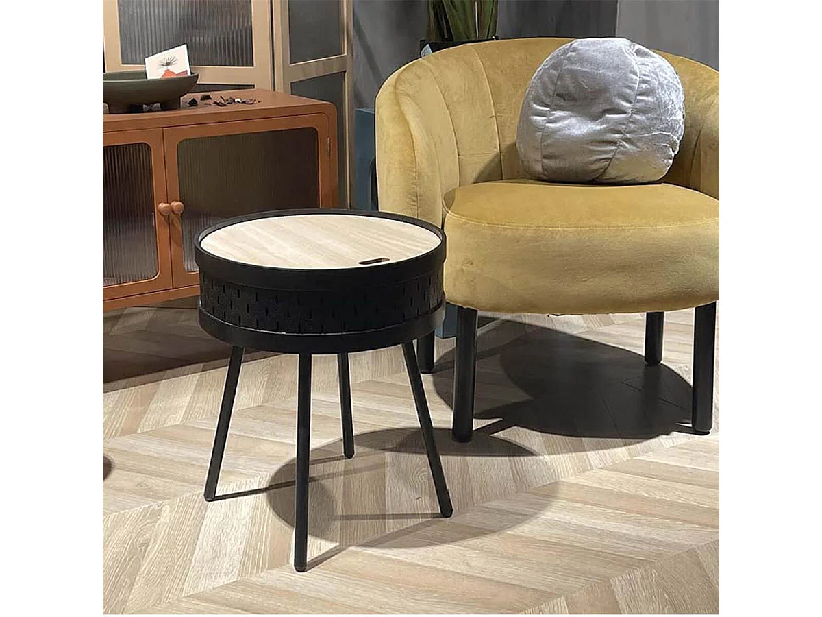 TYA - Table d'Appoint Noire avec Coffre Plateau Effet Bois