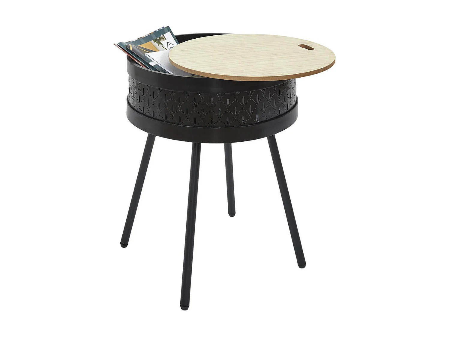 TYA - Table d'Appoint Noire avec Coffre Plateau Effet Bois