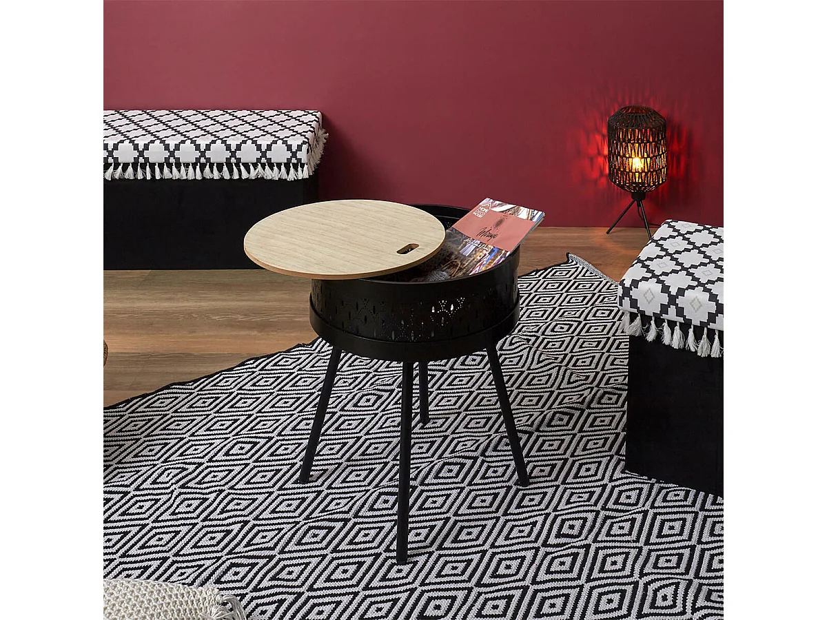 TYA - Table d'Appoint Noire avec Coffre Plateau Effet Bois