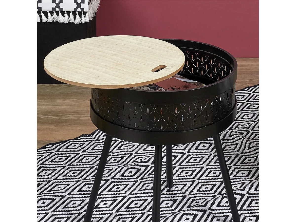 TYA - Table d'Appoint Noire avec Coffre Plateau Effet Bois