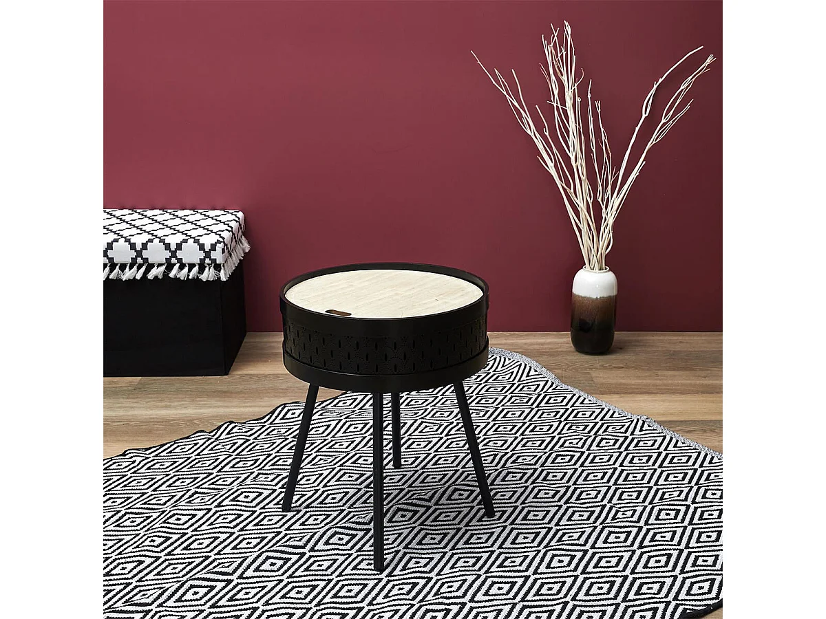 TYA - Table d'Appoint Noire avec Coffre Plateau Effet Bois
