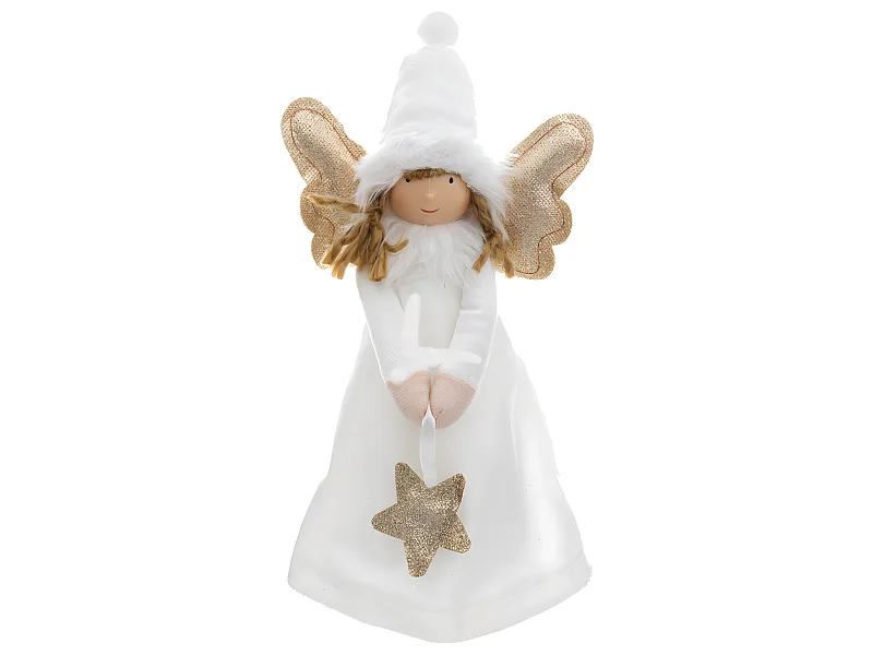 Déco de Noël Ange blanc et doré avec ailes lumineuses à LED H 28 cm