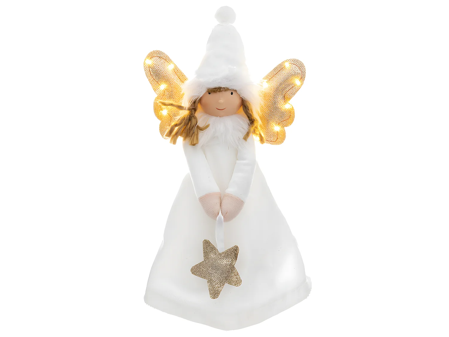 Déco de Noël Ange blanc et doré avec ailes lumineuses à LED H 28 cm