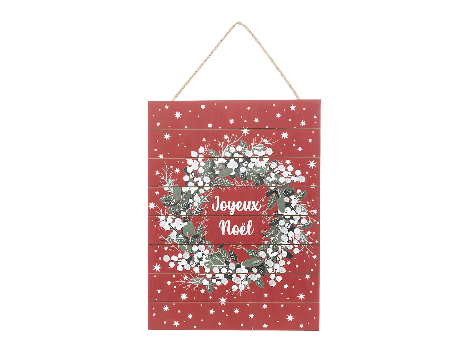 Pancarte Joyeux Noël en bois fond rouge avec couronne H 40 cm