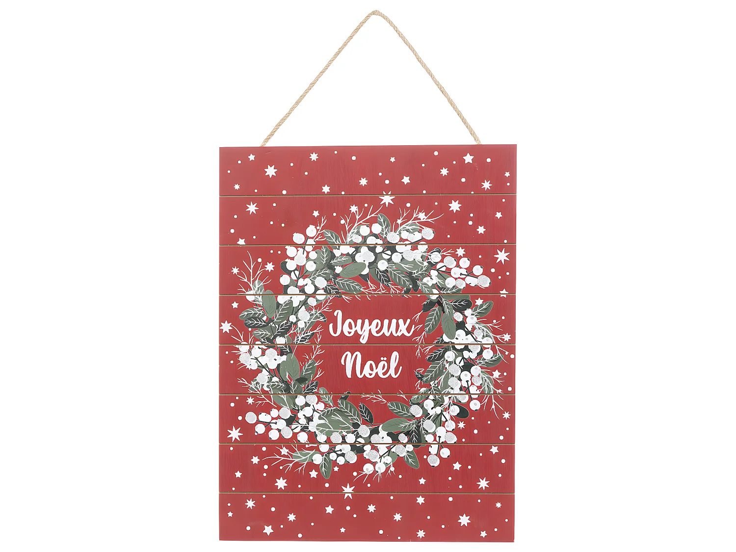 Pancarte Joyeux Noël en bois fond rouge avec couronne H 40 cm