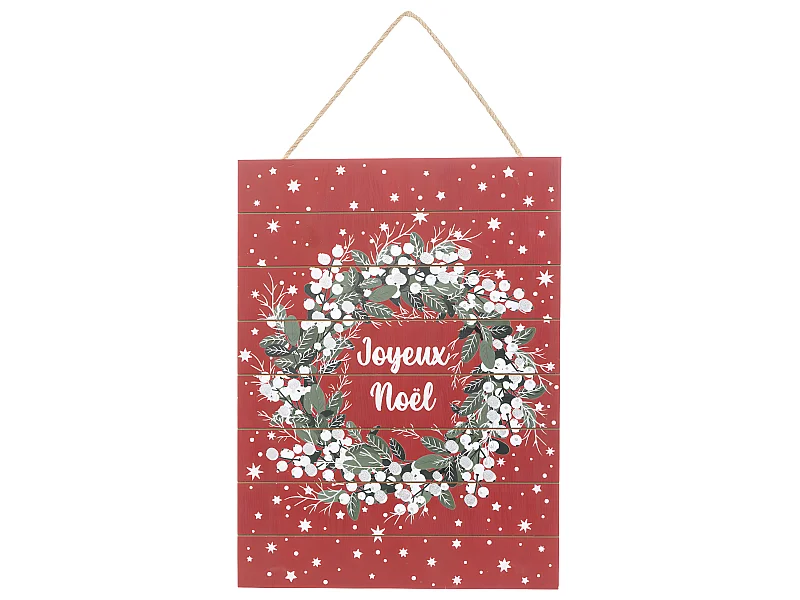 Pancarte Joyeux Noël en bois fond rouge avec couronne H 40 cm