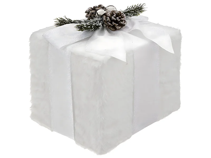 Déco de Noël Paquet Cadeau fourrure blanche et ruban pailleté 20 x 25 cm