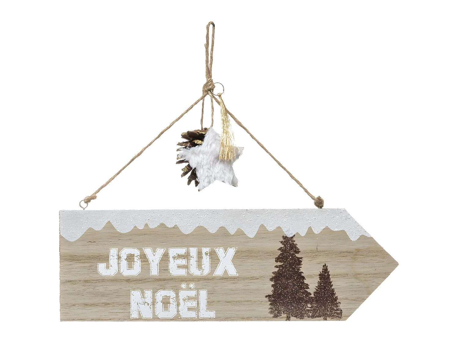 Déco de Noël Pancarte Joyeux Noël en bois avec déco à suspendre L 29 cm