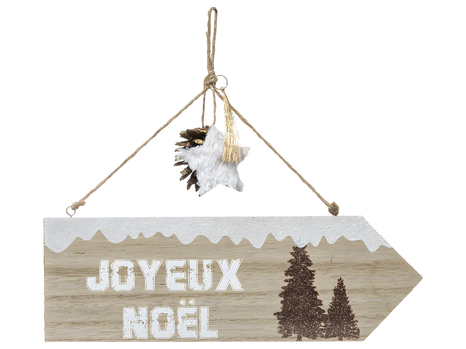 Déco de Noël Pancarte Joyeux Noël en bois avec déco à suspendre L 29 cm