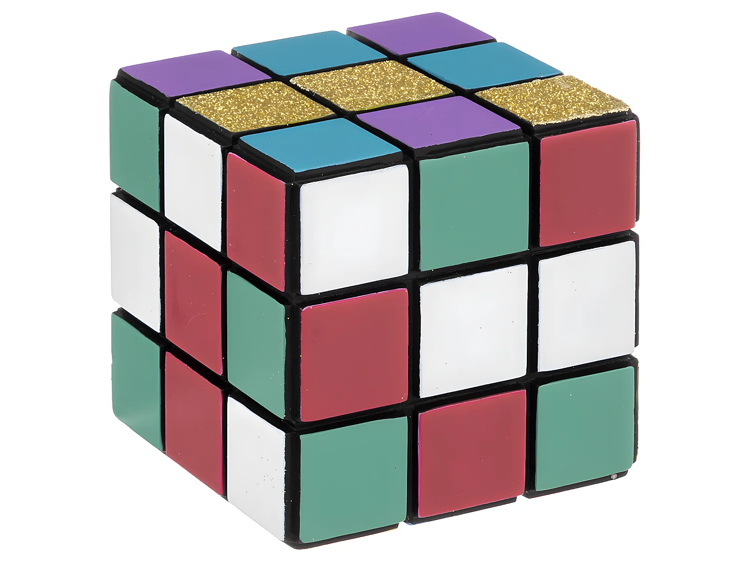 Objet déco Cube coloré en bois avec paillettes dorées 9 x 9 cm