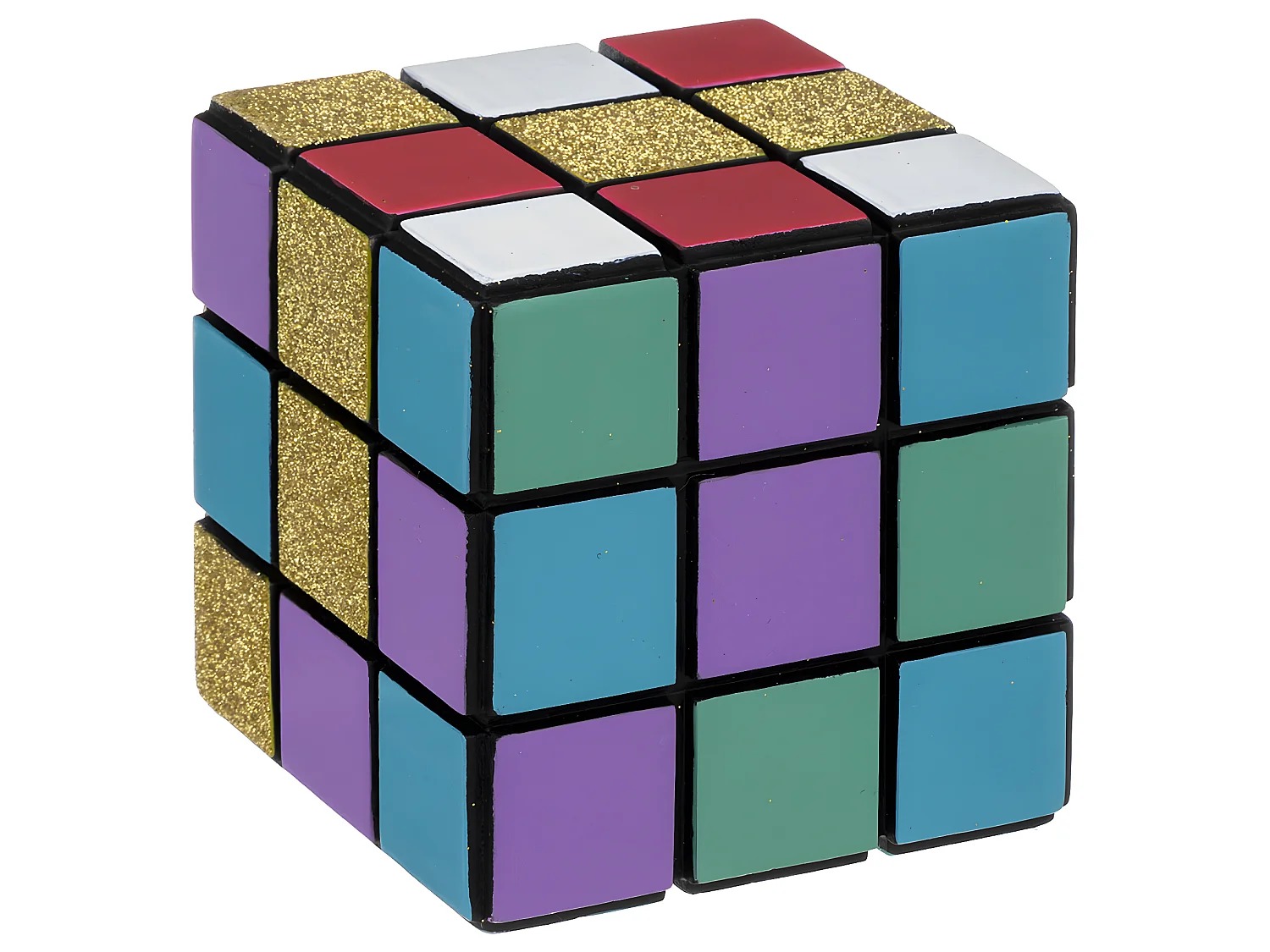 Objet déco Cube coloré en bois avec paillettes dorées 9 x 9 cm