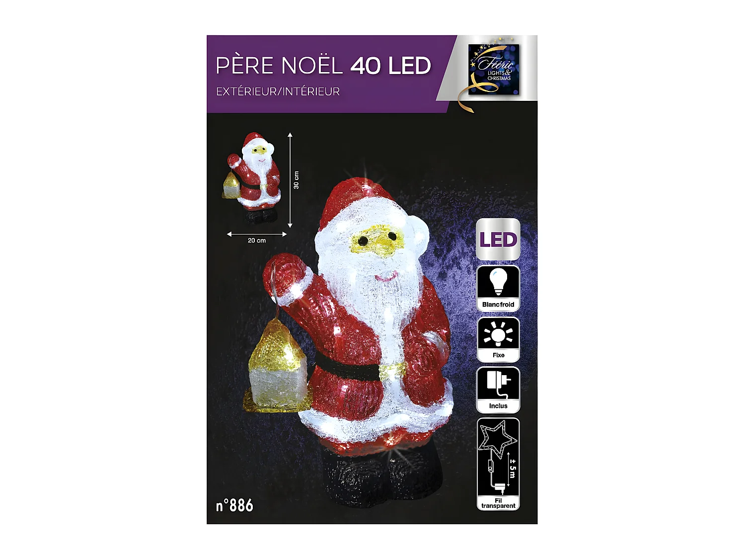 Décoration lumineuse Père Noël avec lanterne 40 LED H 30 cm