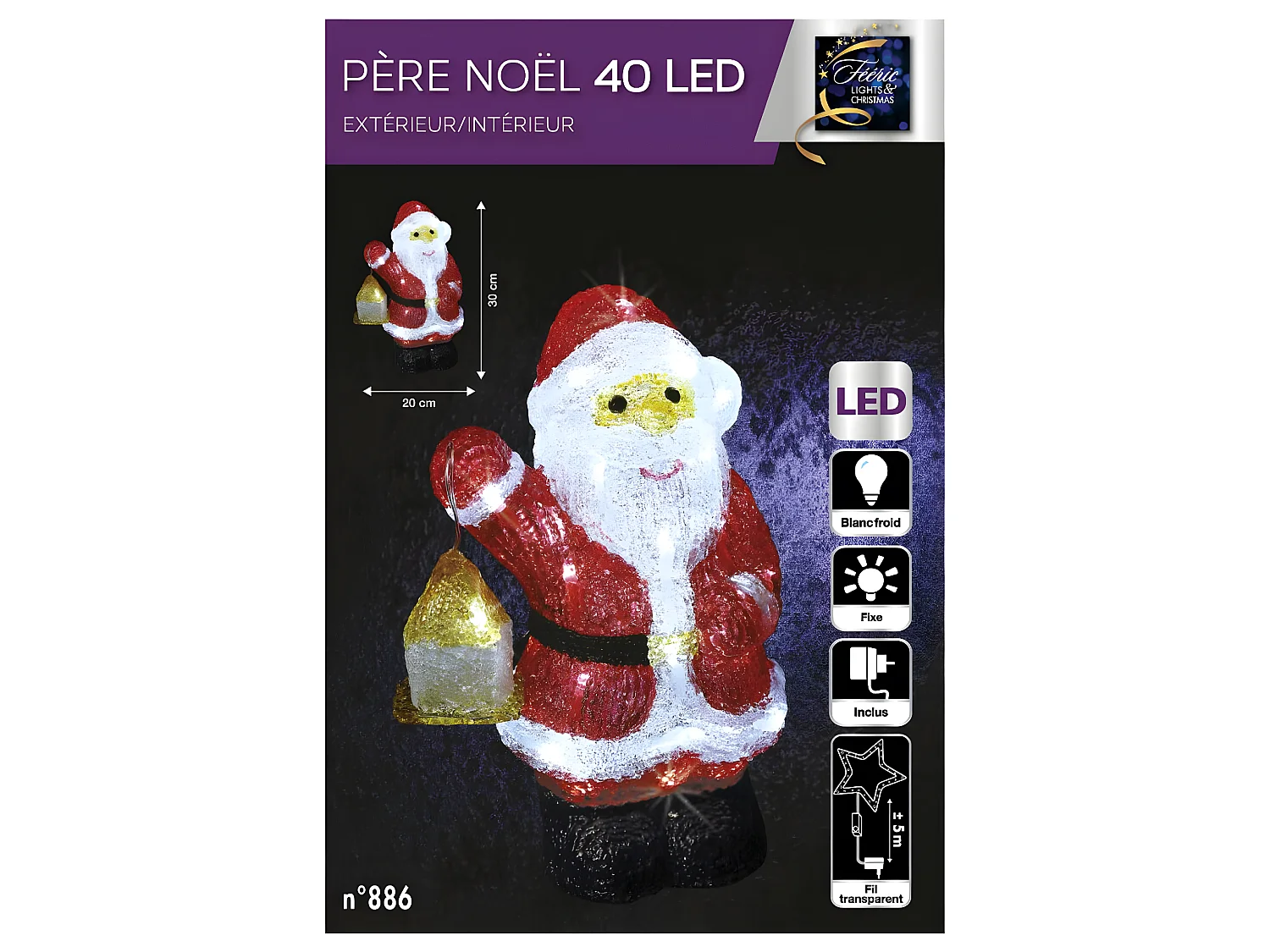Décoration lumineuse Père Noël avec lanterne 40 LED H 30 cm