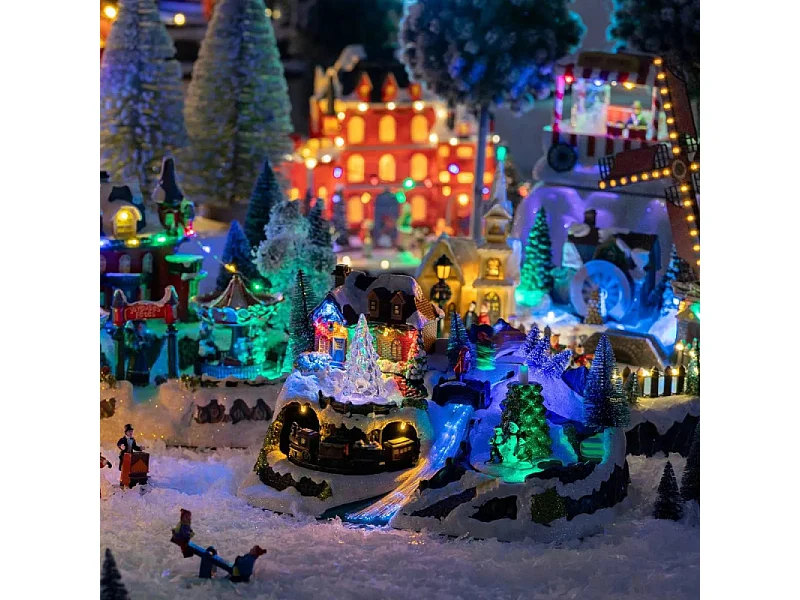 Village de Noël lumineux et animé en fibre optique avec train