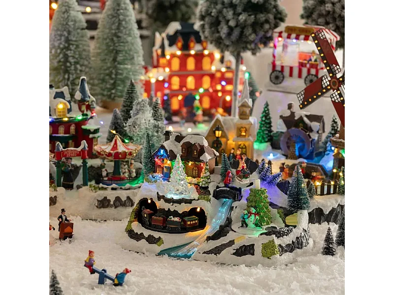 Village de Noël lumineux et animé en fibre optique avec train
