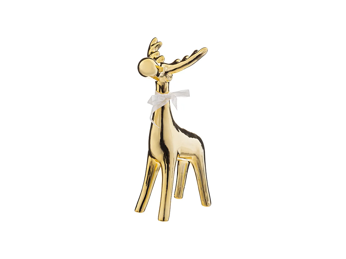 Déco de Noël Renne doré en céramique avec petit noeud blanc H 26 cm