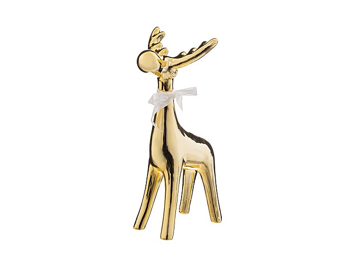 Déco De Noël Renne Doré En Céramique Avec Petit Noeud Blanc H 26 Cm