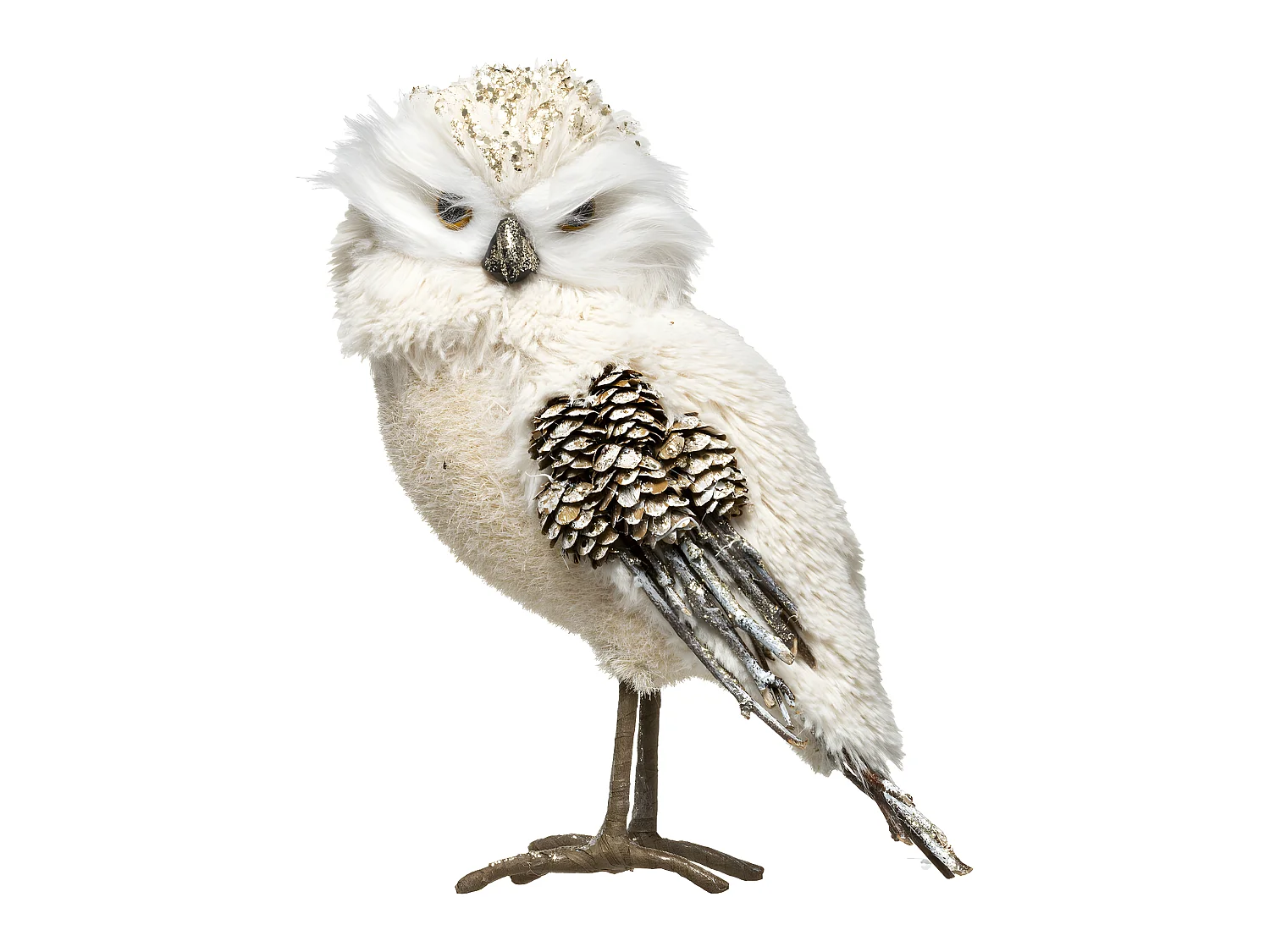 Déco de Noël Hibou beige avec pommes de pin et paillettes dorées H 26 cm