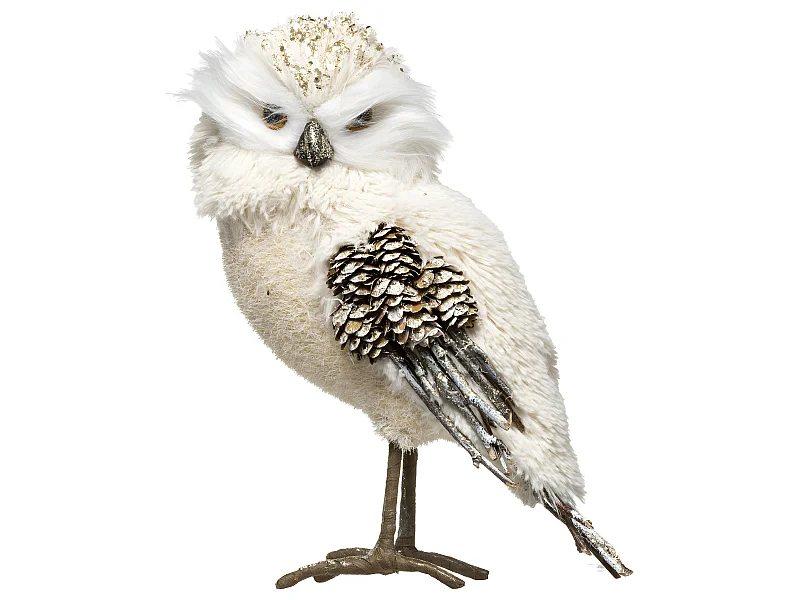 Déco de Noël Hibou beige avec pommes de pin et paillettes dorées H 26 cm