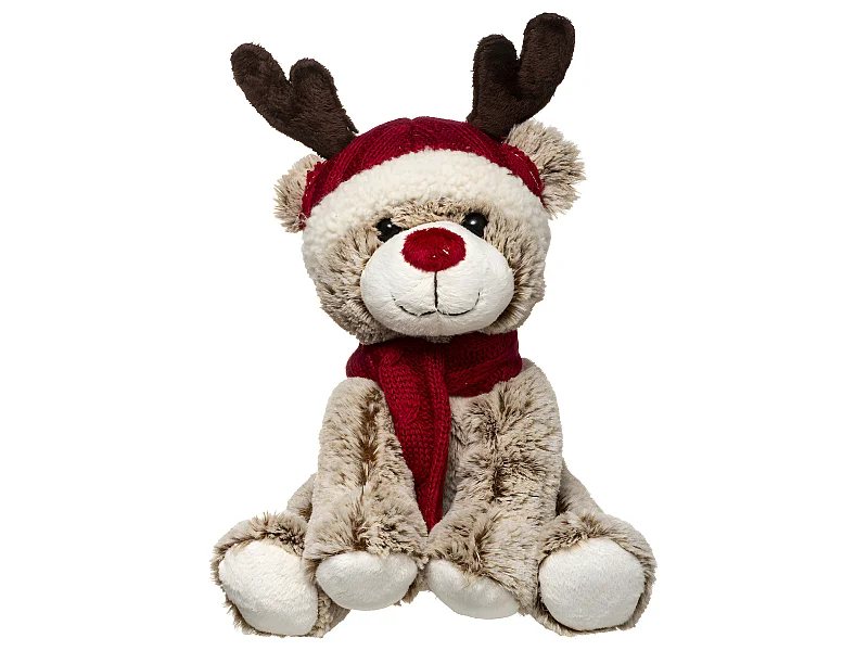 Déco de Noël Peluche Ours Brun avec Bonnet et Bois de Renne H 35 cm