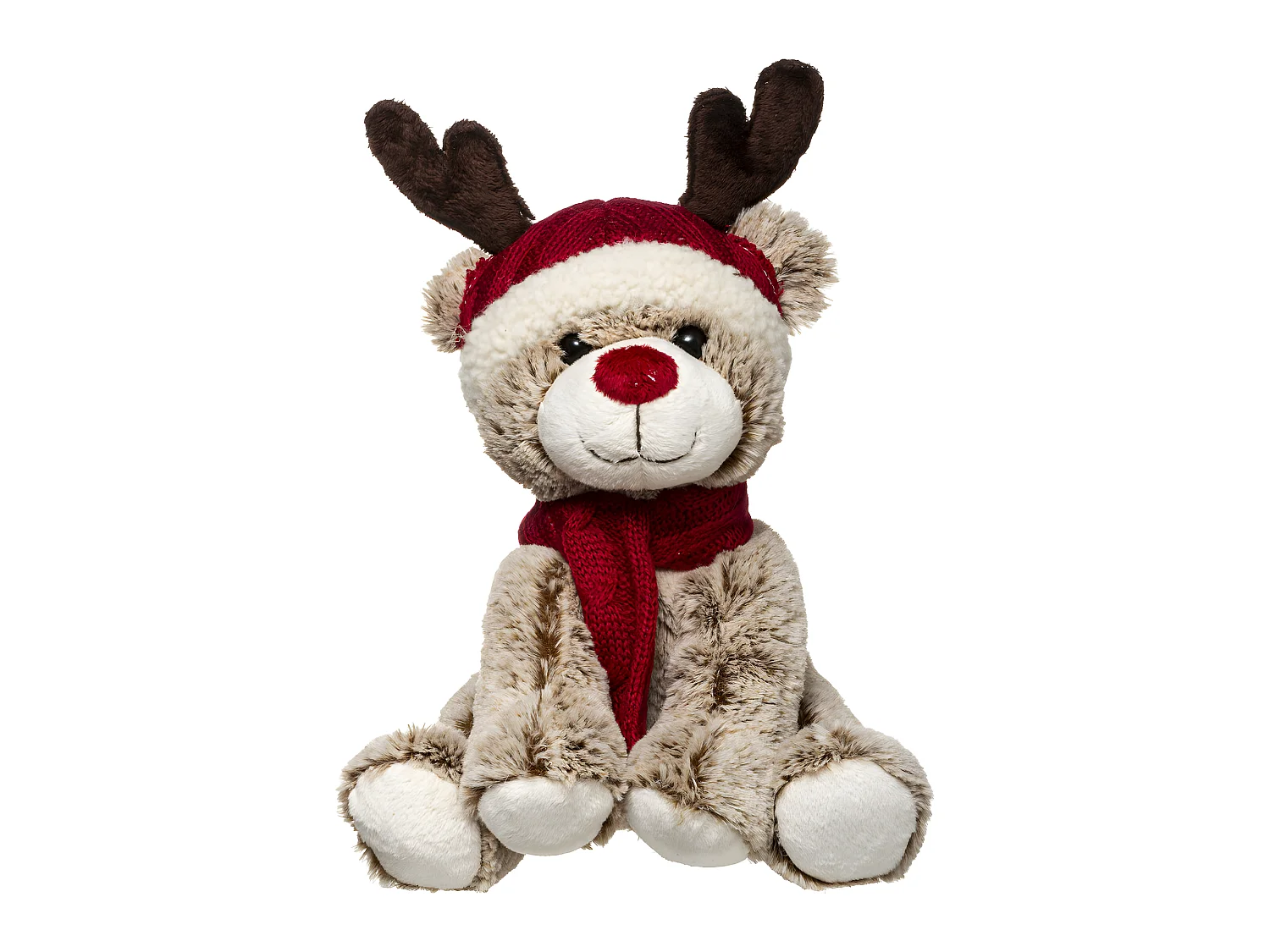 Déco de Noël Peluche Ours Brun avec Bonnet et Bois de Renne H 35 cm