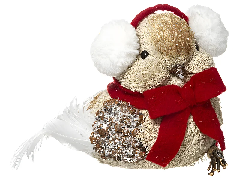 Déco de Noël Oiseau beige avec cache oreilles  H 31 cm
