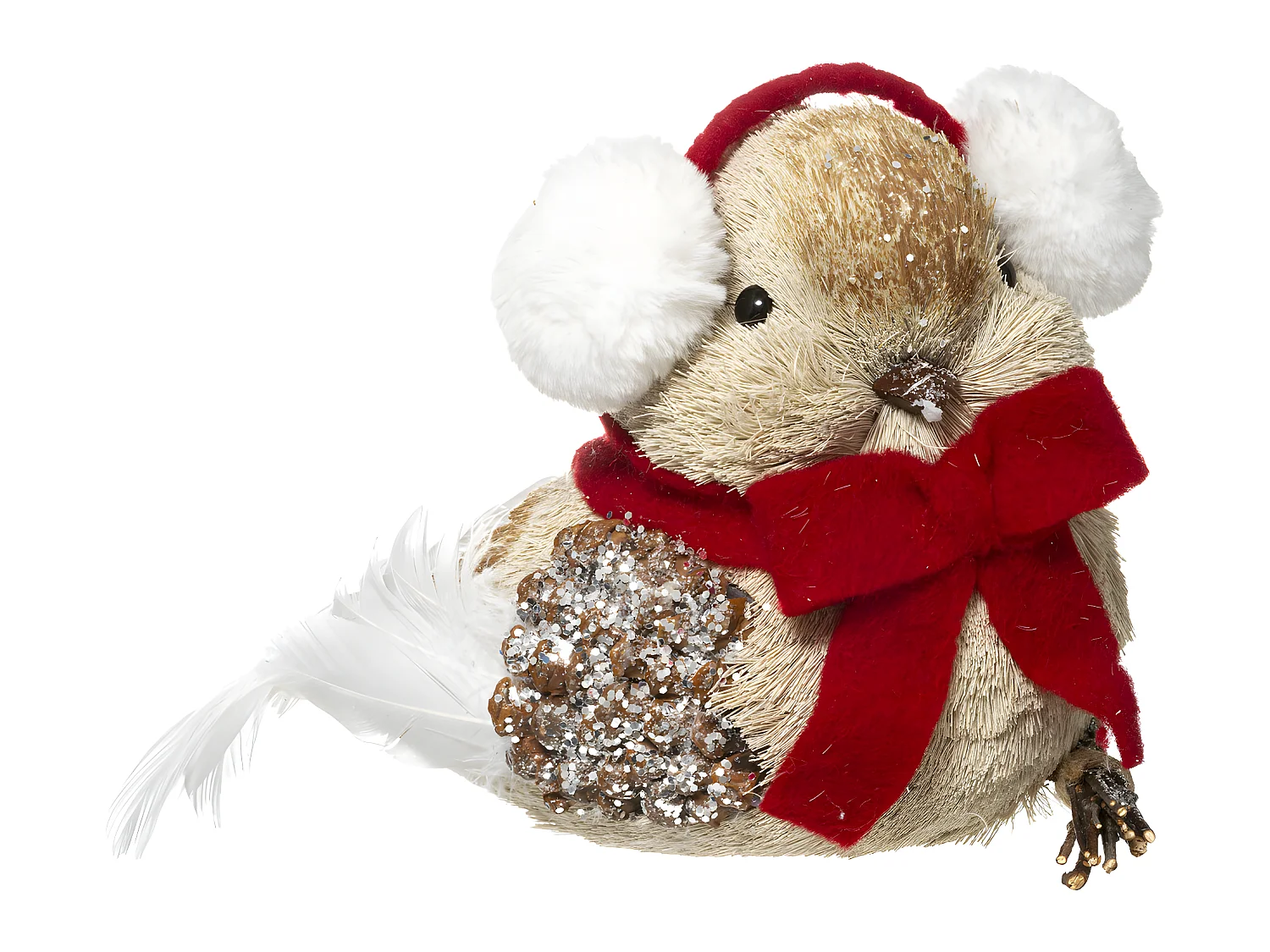Déco de Noël Oiseau beige avec cache oreilles  H 31 cm
